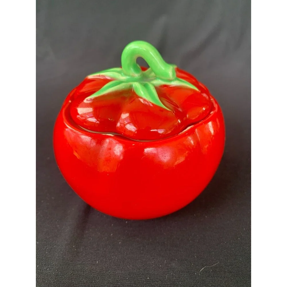 1940's Vintage Pantry Parade Ceramic Tomato Lidded Condiments Jar Retro w/Spoon